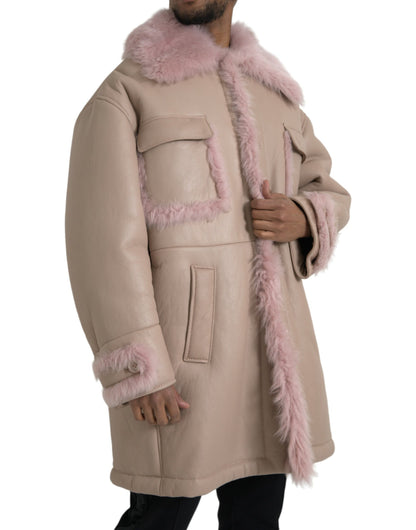  - Beige Pink Lamb Leather Shearling Coat Jacket