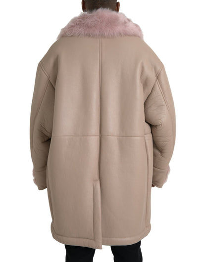  - Beige Pink Lamb Leather Shearling Coat Jacket