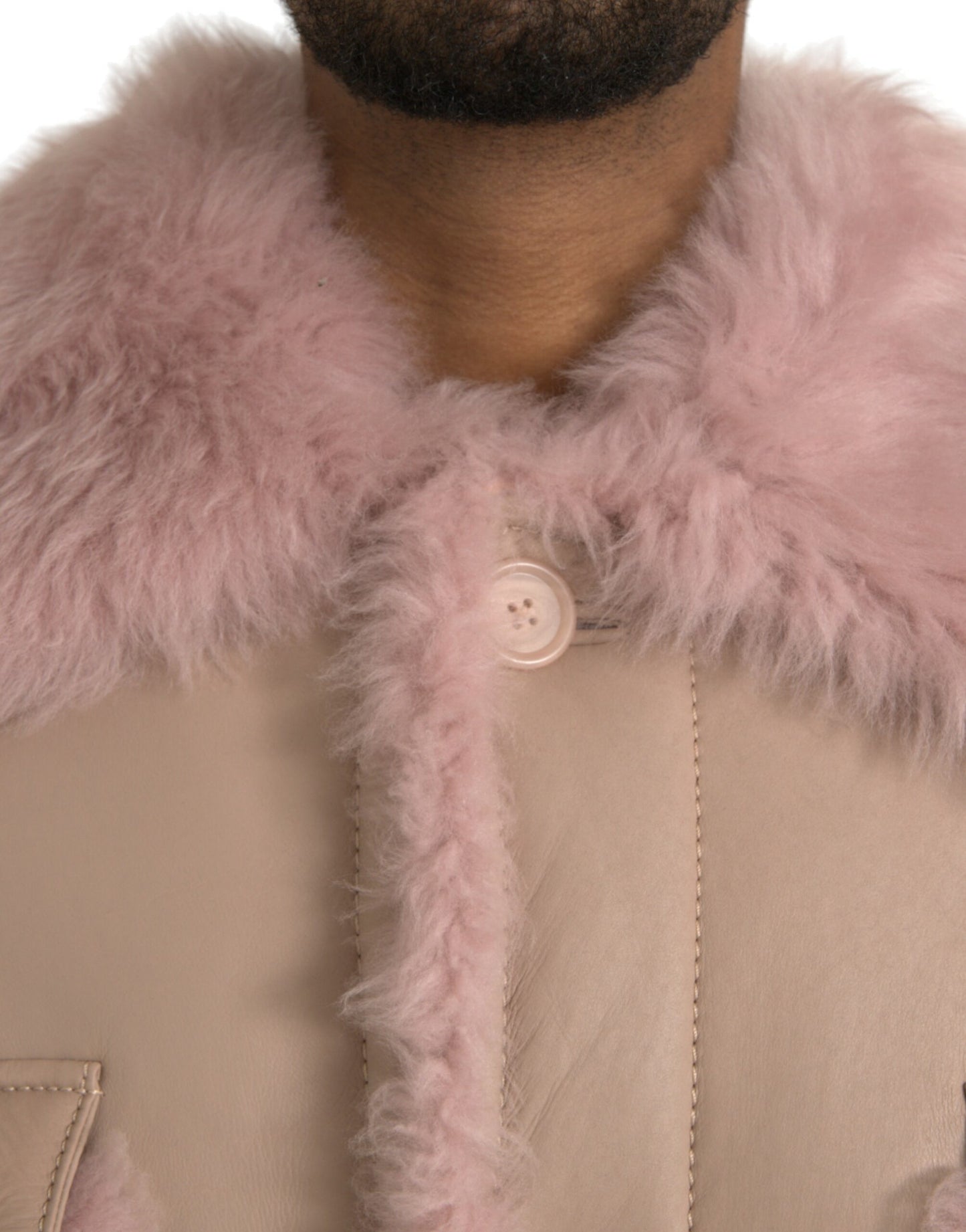  - Beige Pink Lamb Leather Shearling Coat Jacket