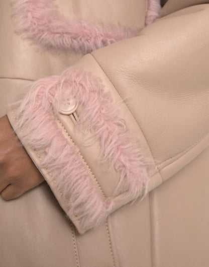  - Beige Pink Lamb Leather Shearling Coat Jacket