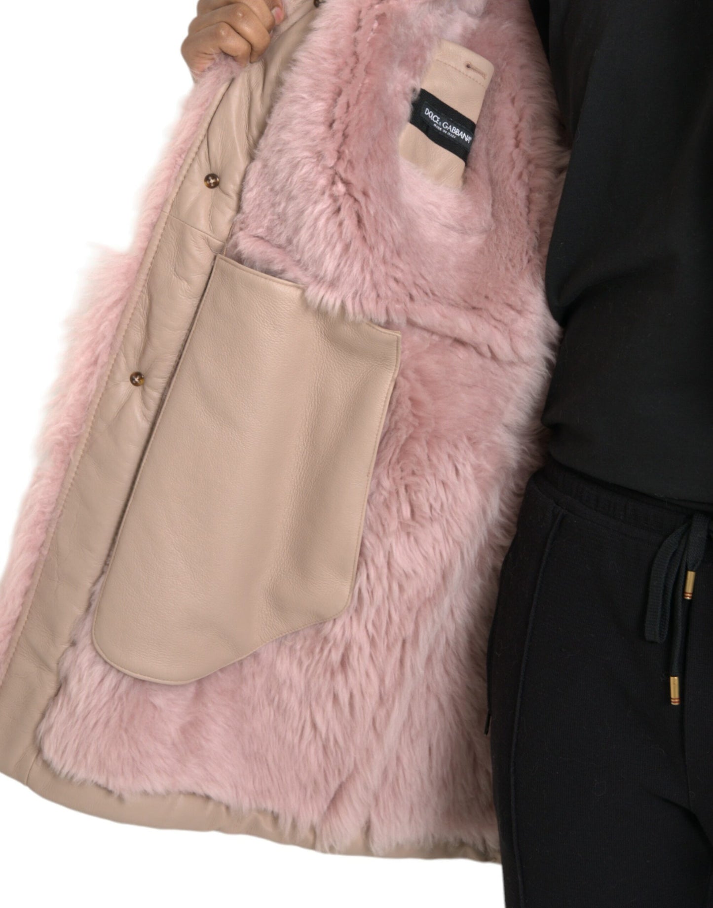  - Beige Pink Lamb Leather Shearling Coat Jacket