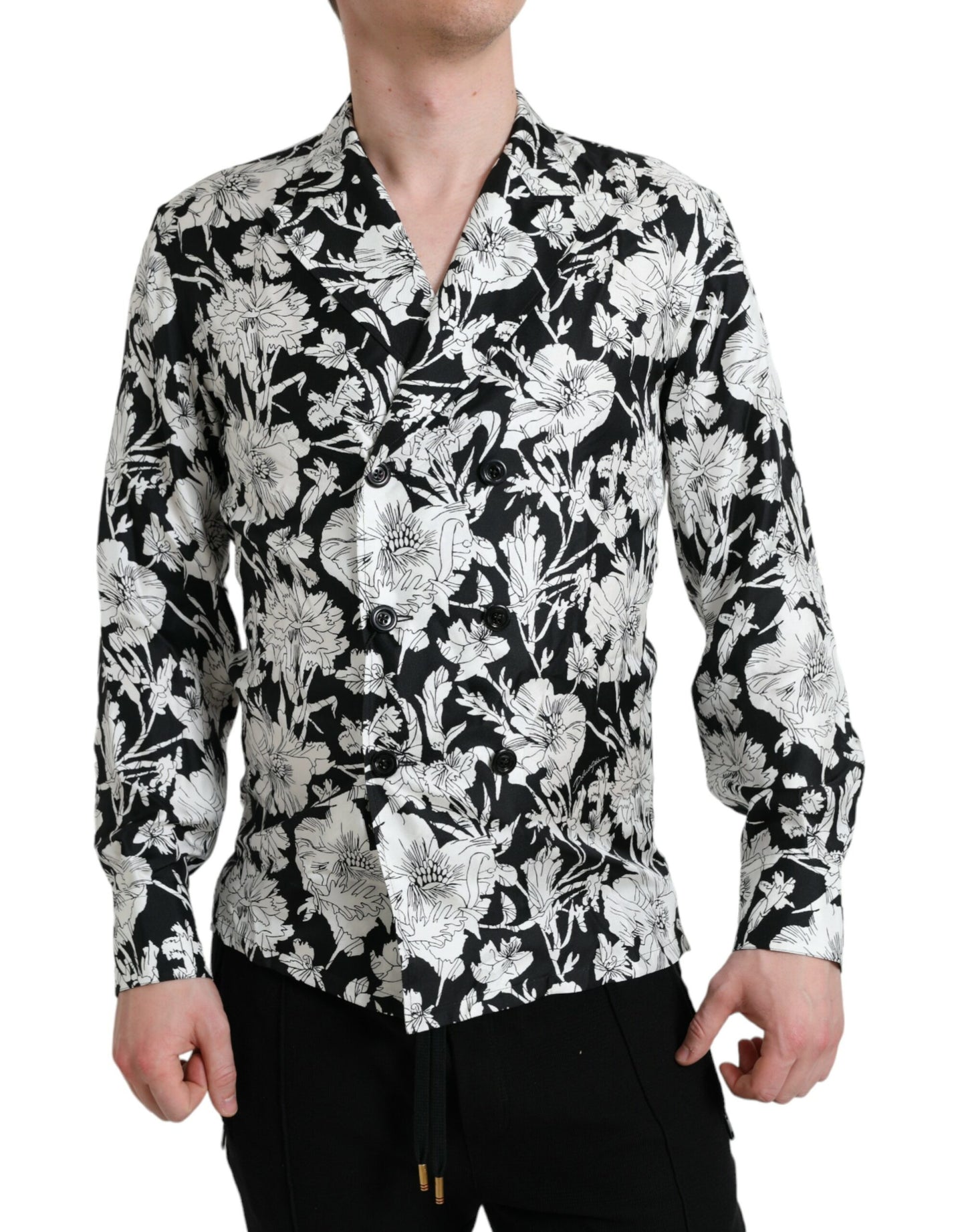  - Black White Floral Button Down Casual Shirt