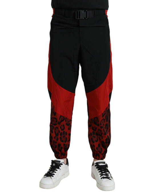  - Black Red Leopard Print Nylon Jogger Pants