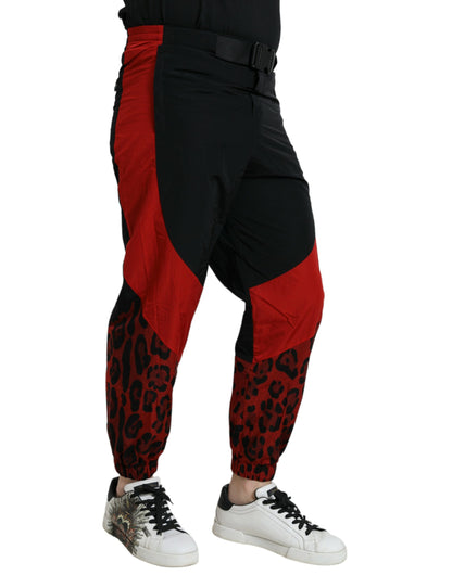  - Black Red Leopard Print Nylon Jogger Pants