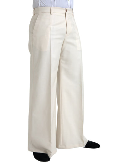  - White Wool Wide Leg Mid Waist Pants