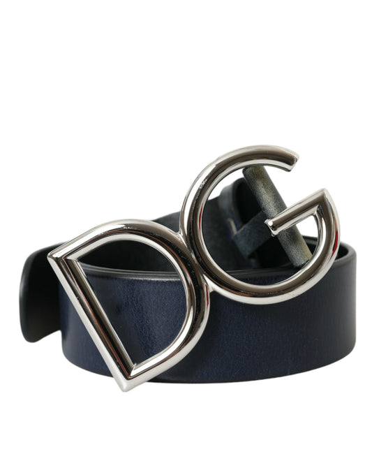  - Blue Leather Silver Metal Logo Buckle Belt Men