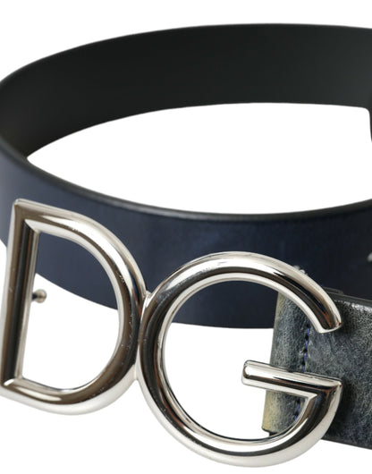  - Blue Leather Silver Metal Logo Buckle Belt Men