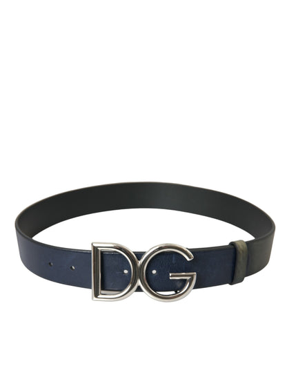  - Blue Leather Silver Metal Logo Buckle Belt Men