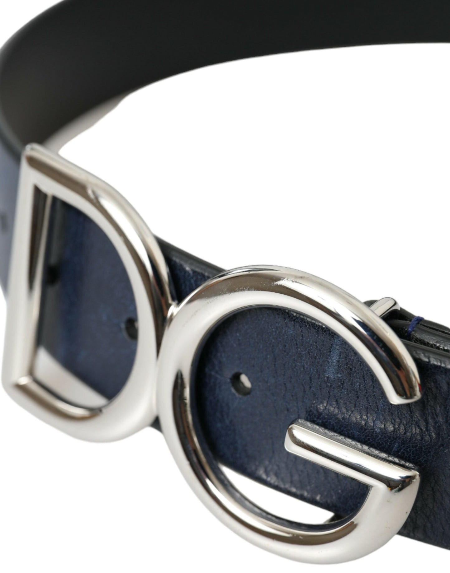  - Blue Leather Silver Metal Logo Buckle Belt Men