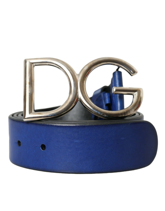 Blue Leather Silver Metal Logo Buckle Belt Men - The Luxe Alliance