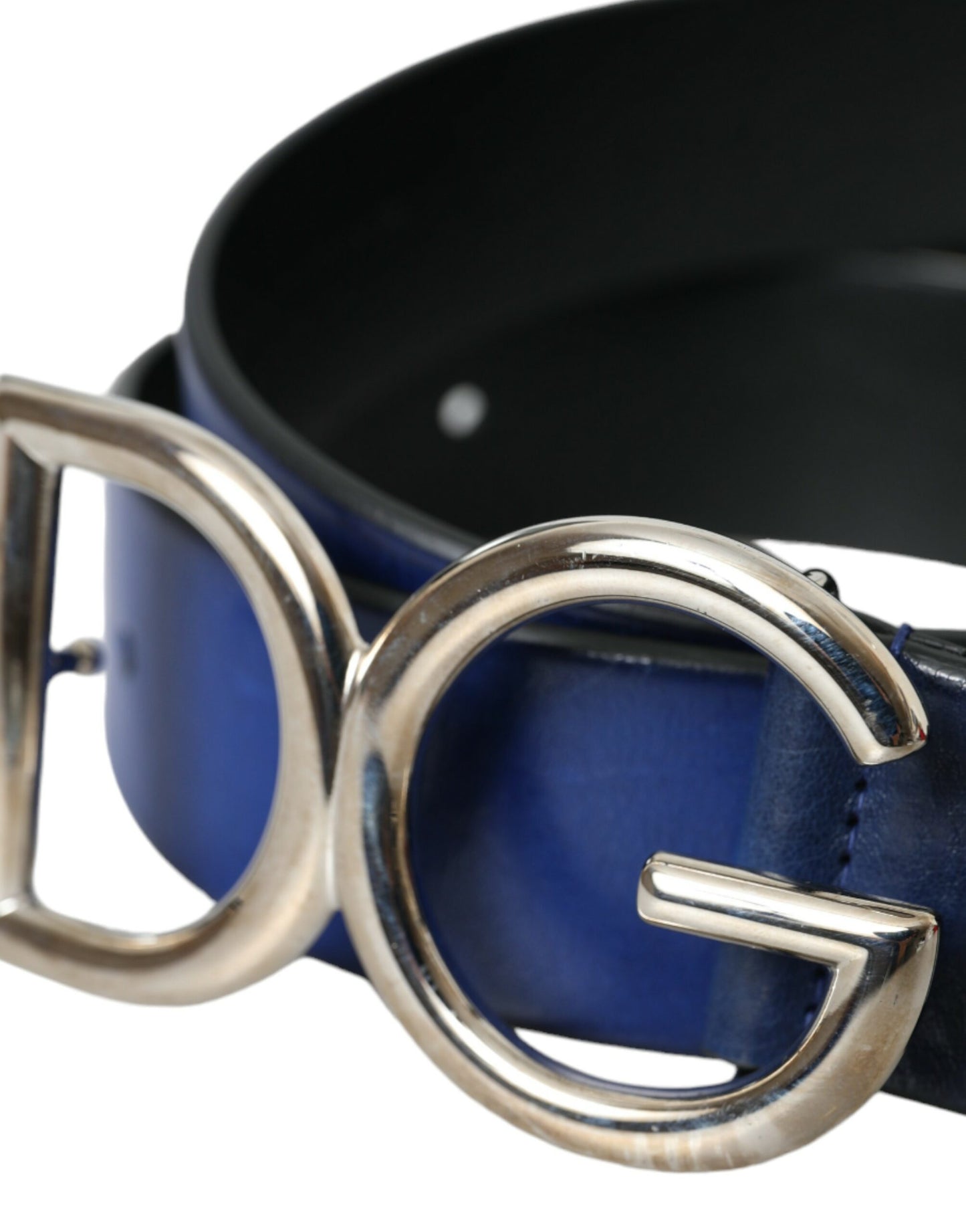 Blue Leather Silver Metal Logo Buckle Belt Men - The Luxe Alliance