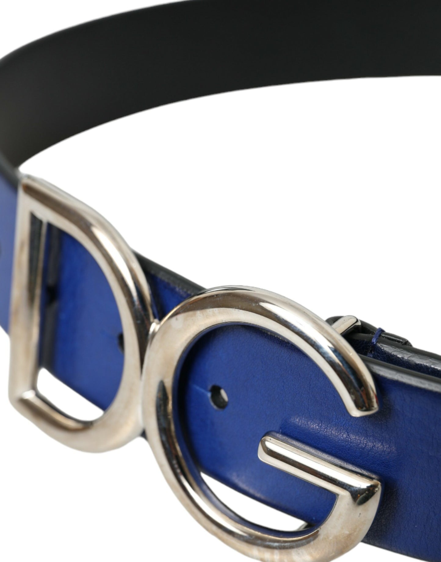 Blue Leather Silver Metal Logo Buckle Belt Men - The Luxe Alliance