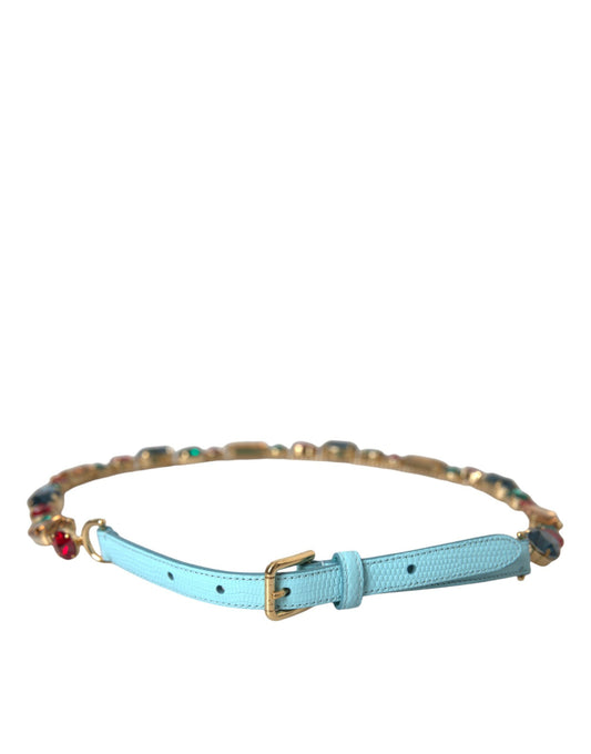  - Light Blue Leather Crystal Chain Waist Belt