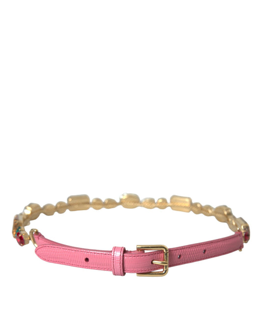  - Pink Leather Crystal Chain Embellished Belt