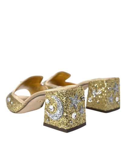 Gold Sequin Leather Heels Sandals Shoes