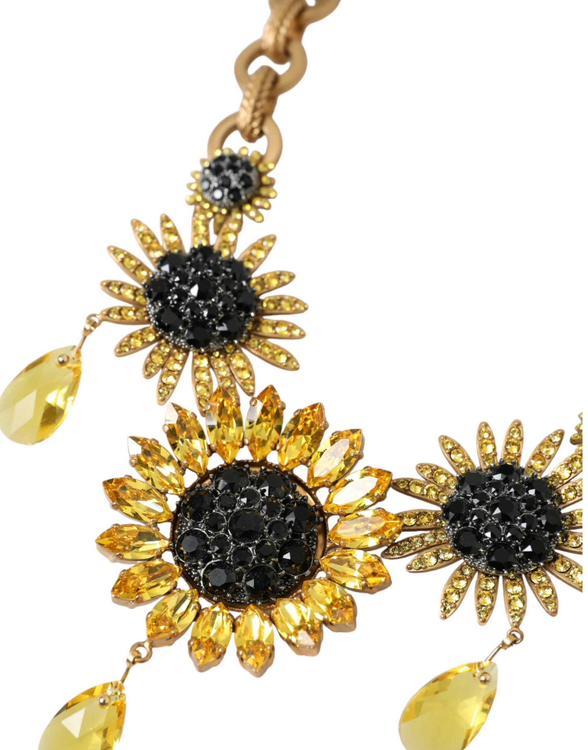 Gold Tone Brass Sunflower Crystal Embellished Necklace