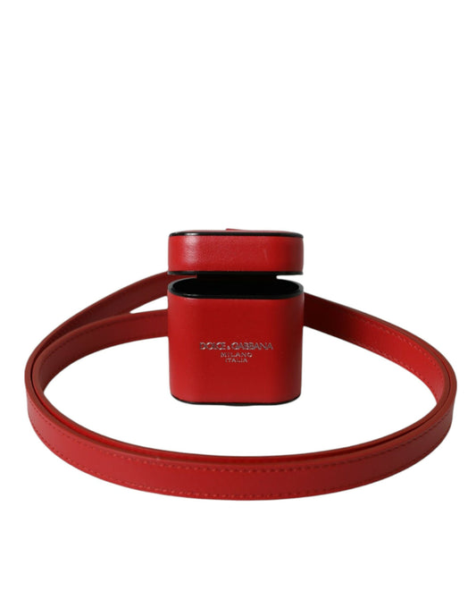  - Red Calfskin Leather Logo Print Strap Men Airpods Case