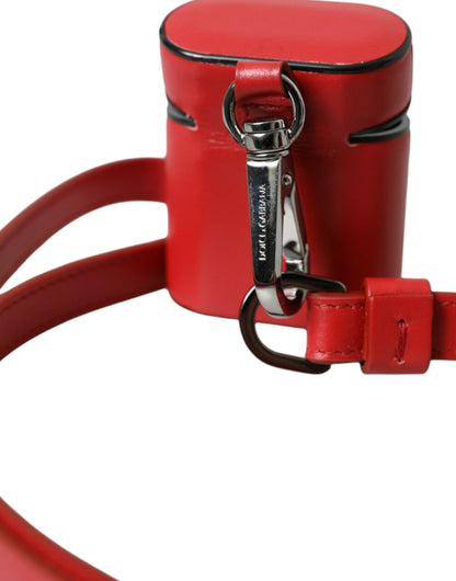  - Red Calfskin Leather Logo Print Strap Men Airpods Case