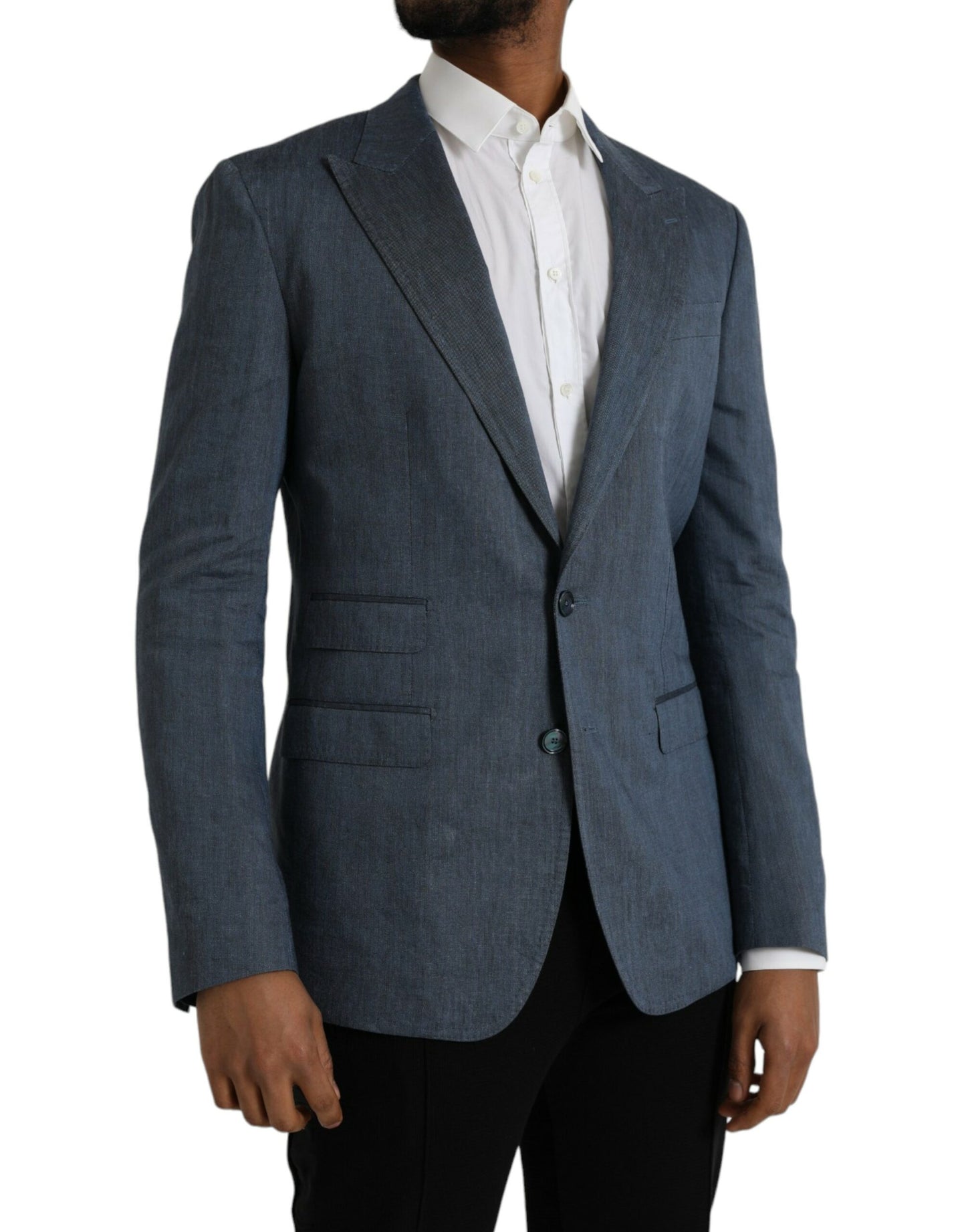  - Blue Linen NAPOLI Single Breasted Coat Blazer