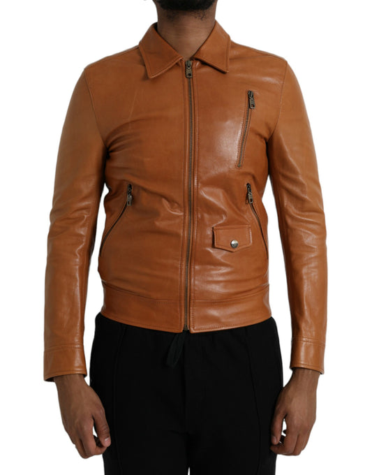 Brown Lamb Leather Full Zip Blouson Jacket - The Luxe Alliance