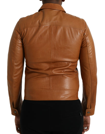 Brown Lamb Leather Full Zip Blouson Jacket - The Luxe Alliance