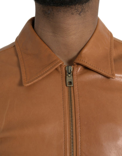 Brown Lamb Leather Full Zip Blouson Jacket - The Luxe Alliance