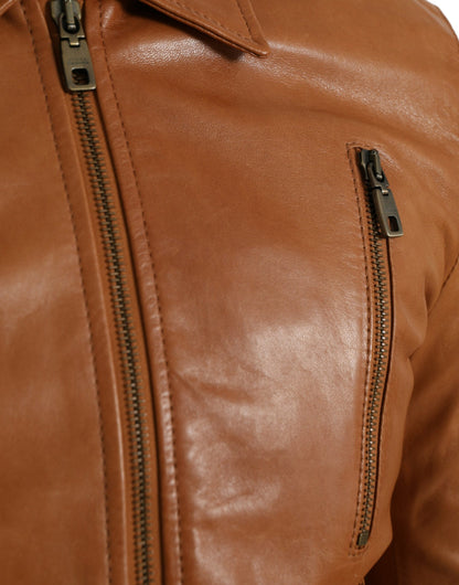 Brown Lamb Leather Full Zip Blouson Jacket - The Luxe Alliance