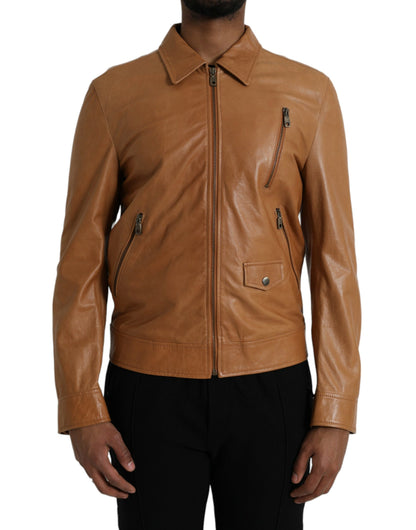 Brown Lamb Leather Full Zip Blouson Jacket - The Luxe Alliance