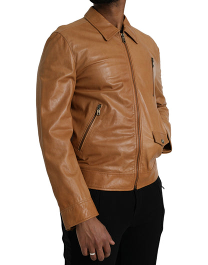 Brown Lamb Leather Full Zip Blouson Jacket - The Luxe Alliance