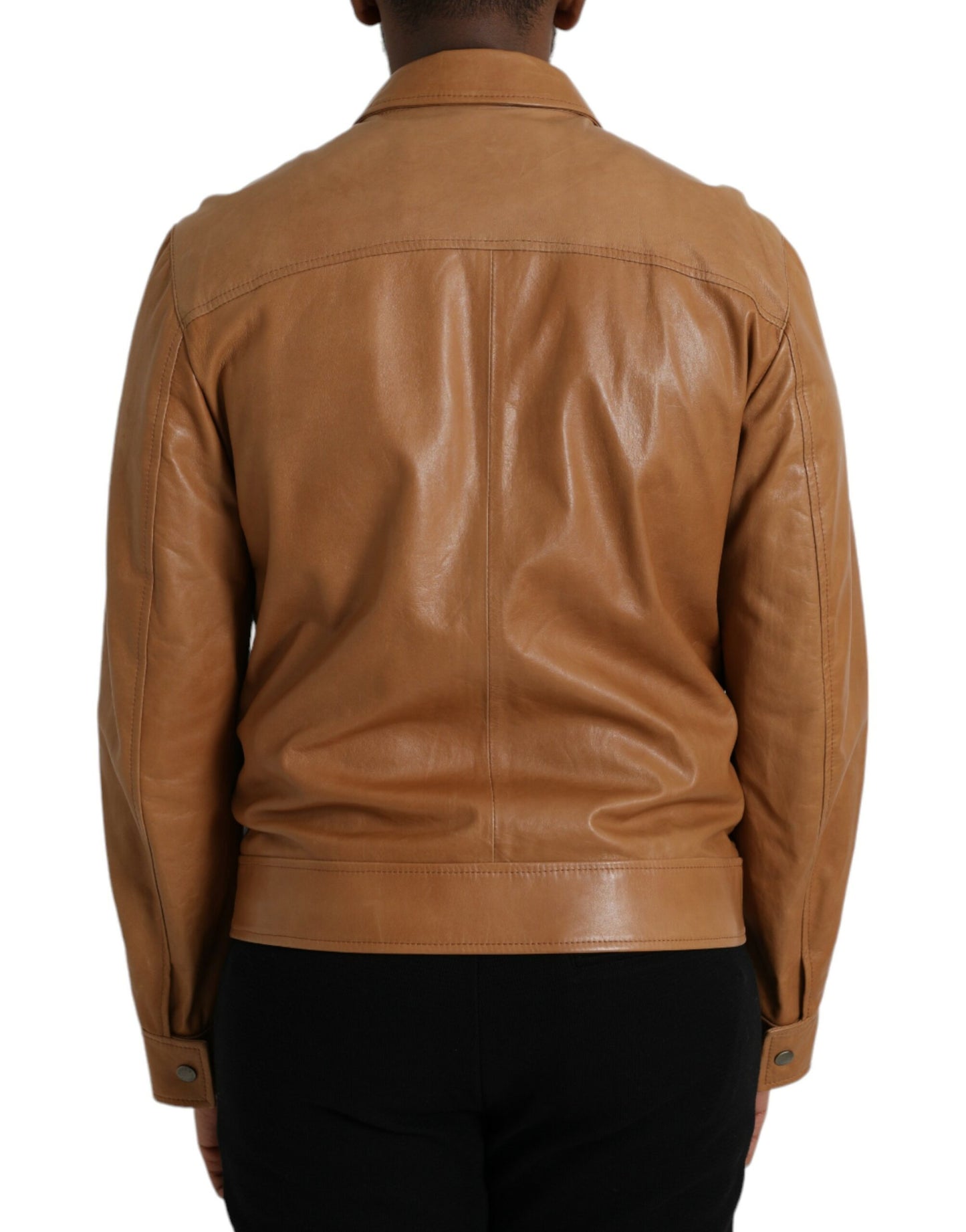 Brown Lamb Leather Full Zip Blouson Jacket - The Luxe Alliance