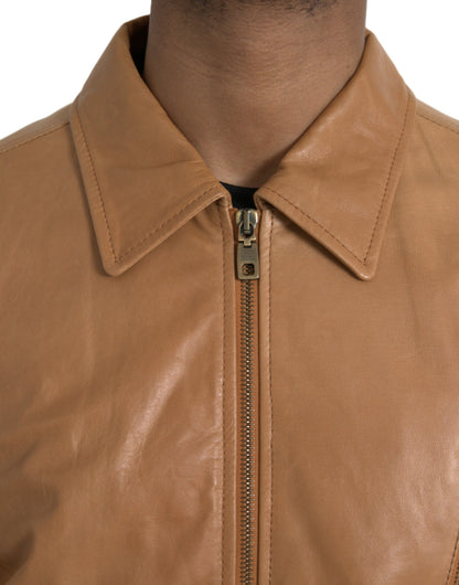 Brown Lamb Leather Full Zip Blouson Jacket - The Luxe Alliance