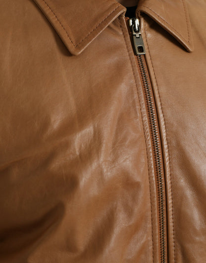 Brown Lamb Leather Full Zip Blouson Jacket - The Luxe Alliance