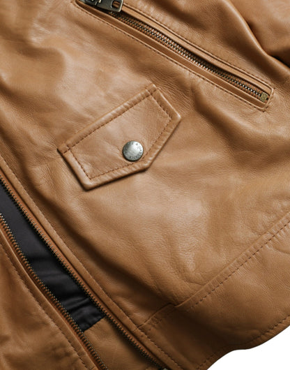 Brown Lamb Leather Full Zip Blouson Jacket - The Luxe Alliance