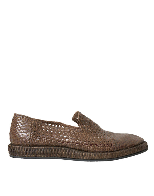  - Brown Woven Leather Loafers Casual Shoes