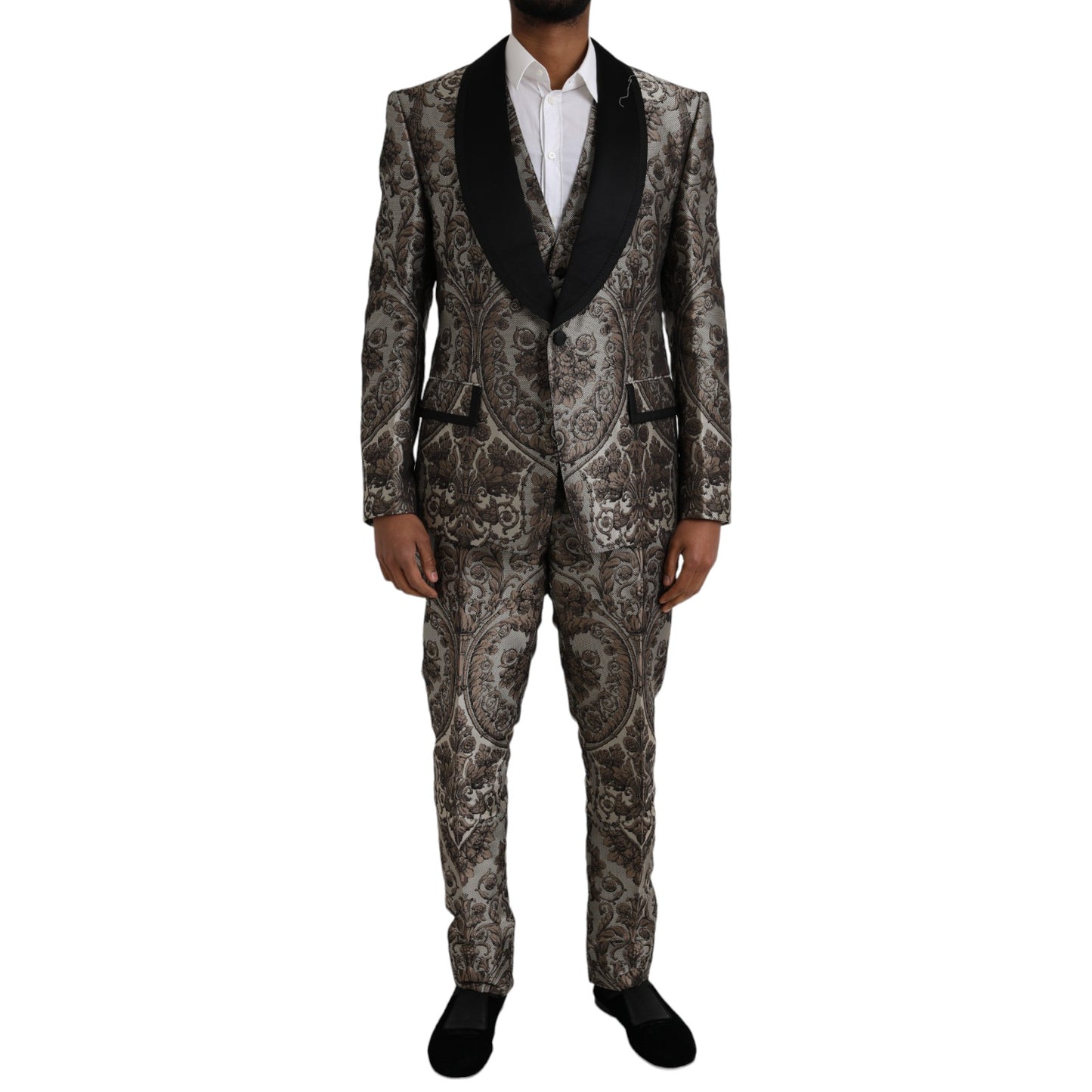  - Brown Floral Jacquard Formal 3 Piece Suit