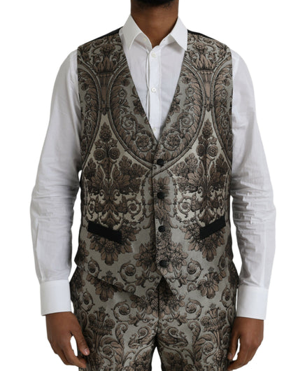  - Brown Floral Jacquard Formal 3 Piece Suit