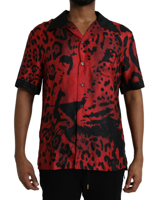  - Red Leopard Silk Button Down Casual Shirt