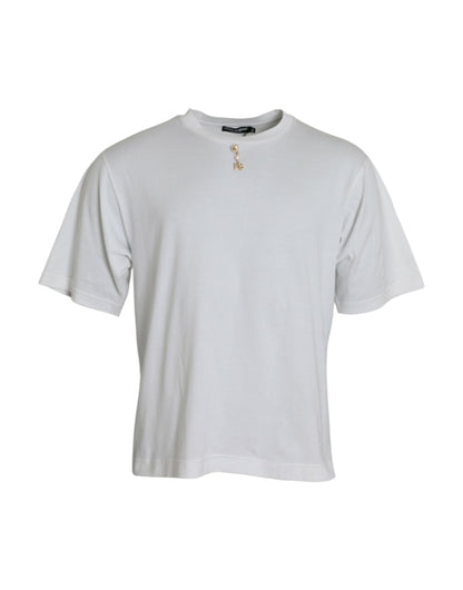  - White Embellished Cotton Crew Neck T-shirt