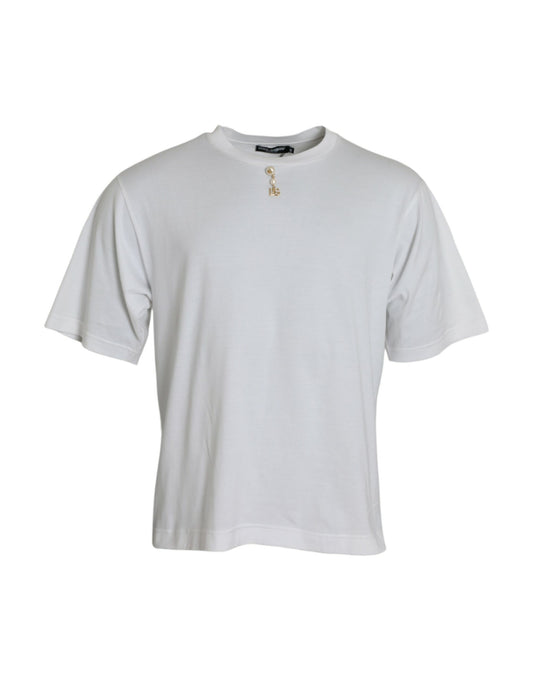  - White Embellished Cotton Crew Neck T-shirt