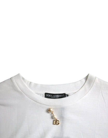  - White Embellished Cotton Crew Neck T-shirt