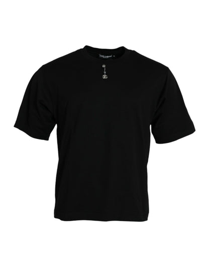  - Black Embellished Cotton Crew Neck T-shirt