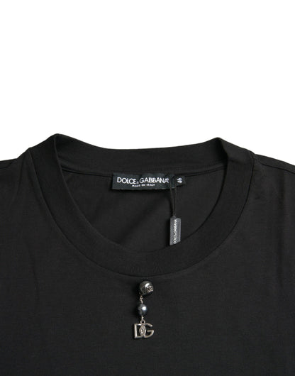  - Black Embellished Cotton Crew Neck T-shirt