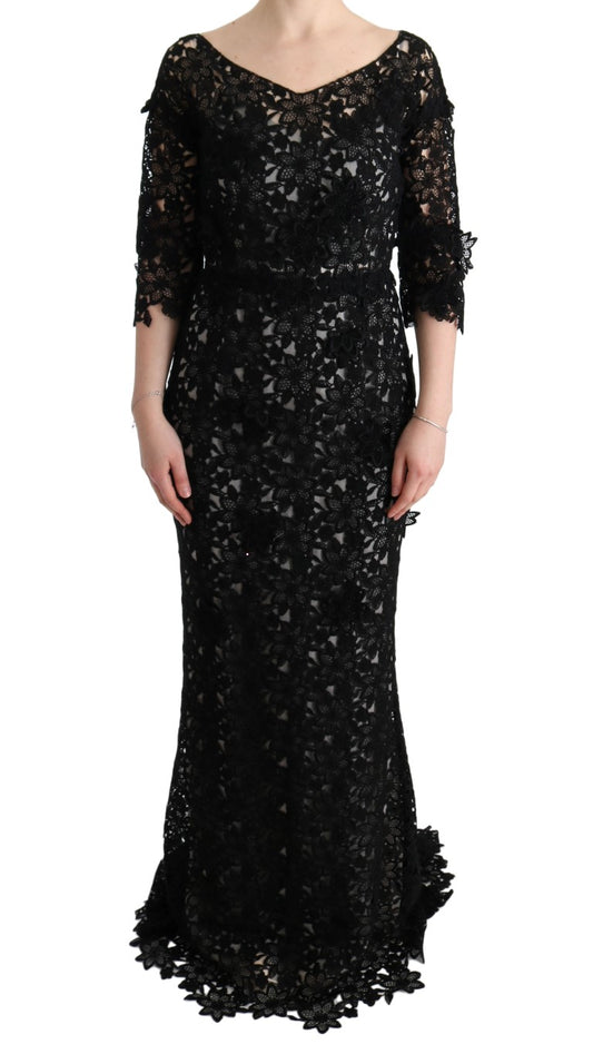  - Elegant Black Maxi Shift Dress with Floral Applique