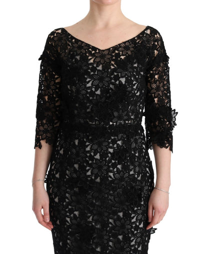  - Elegant Black Maxi Shift Dress with Floral Applique