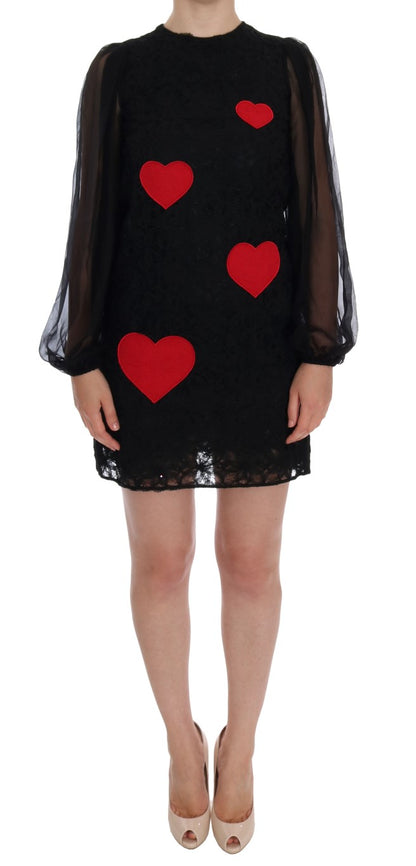  - Elegant Black Lace Heart Applique Shift Dress