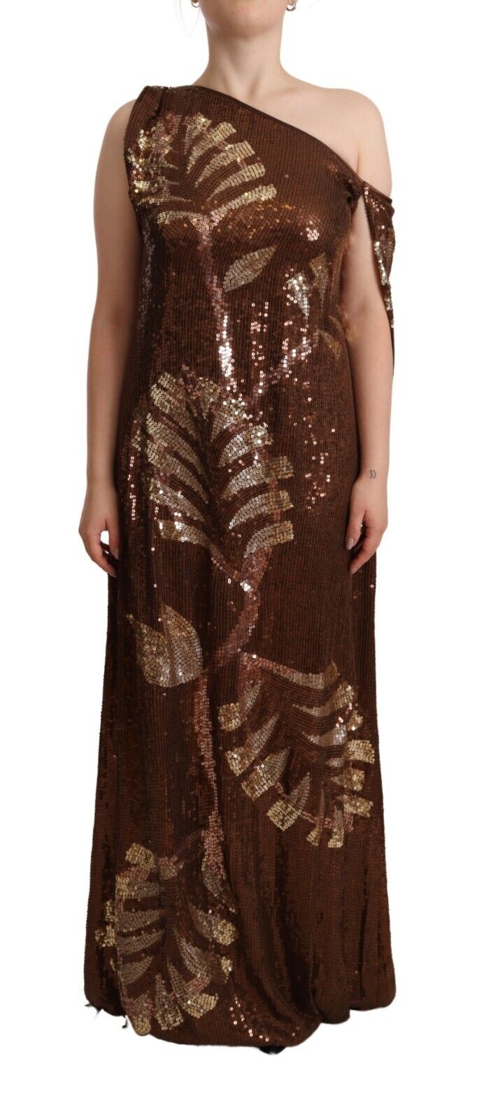 Brown Leaf Sequined One Shoulder Maxi Dress