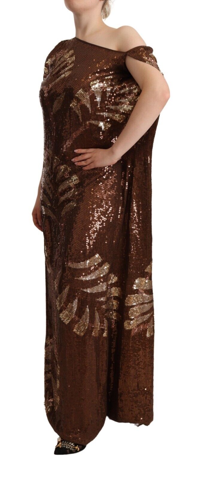 Brown Leaf Sequined One Shoulder Maxi Dress