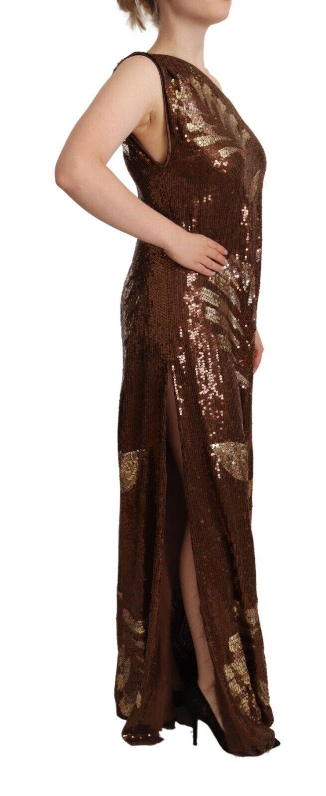Brown Leaf Sequined One Shoulder Maxi Dress