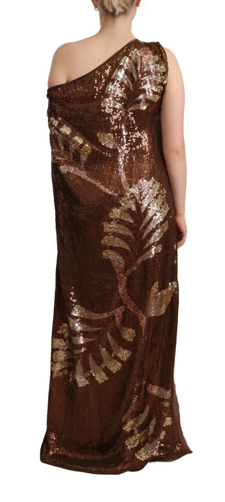 Brown Leaf Sequined One Shoulder Maxi Dress