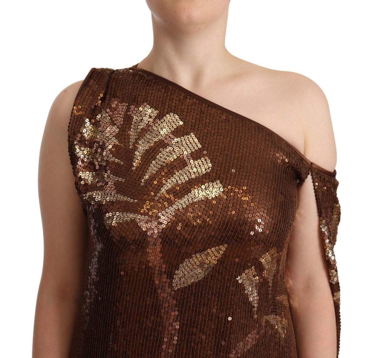 Brown Leaf Sequined One Shoulder Maxi Dress
